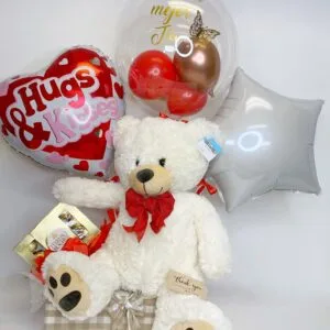 Arreglo de peluche de 20” con globos y chocolates